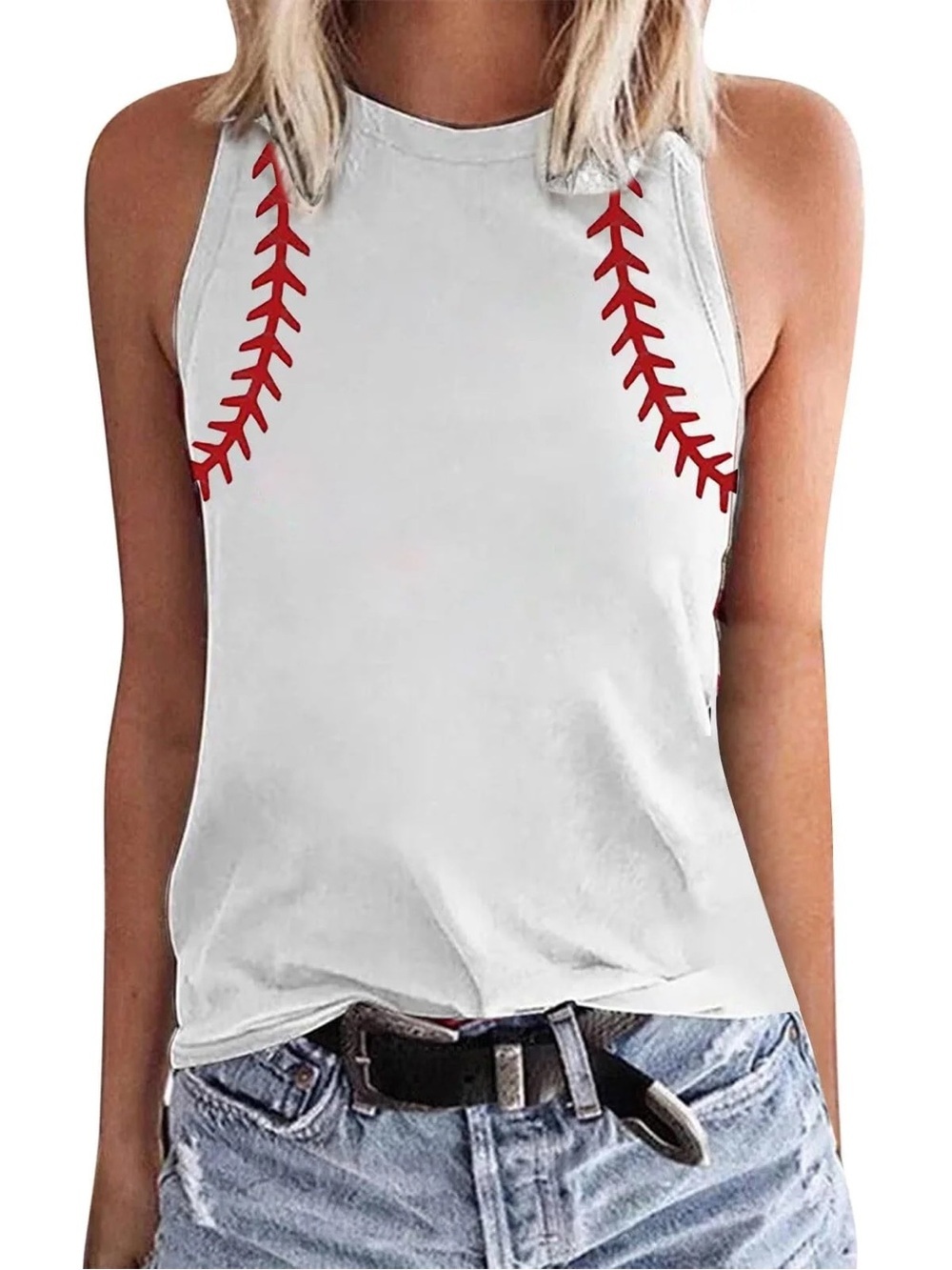 Baseball Stitch Graphic Tank Top White Sleeveless Casual Summer Shirt XL Soft T